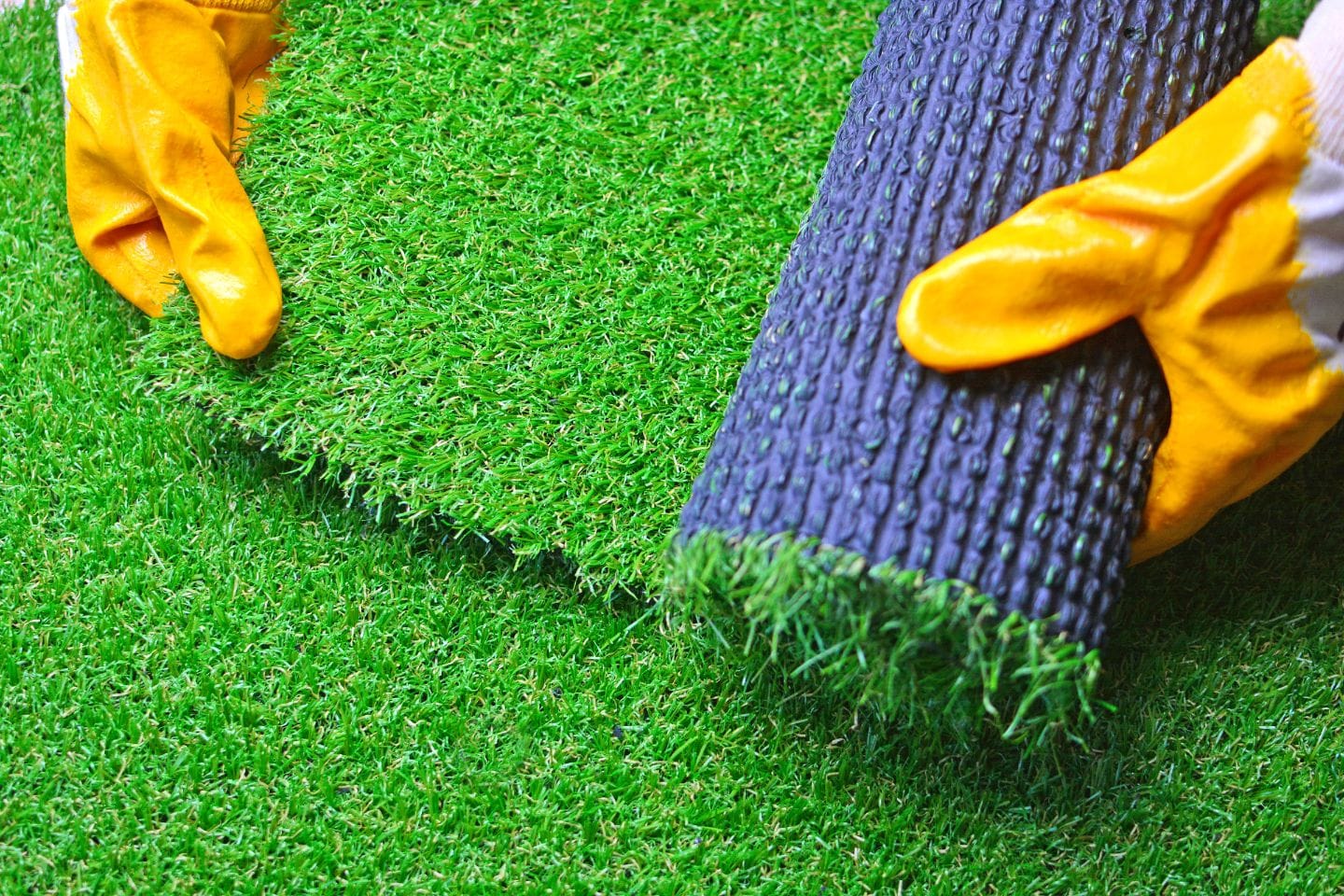 Hands in yellow gloves carefully installing or adjusting a roll of artificial turf on a lawn.
