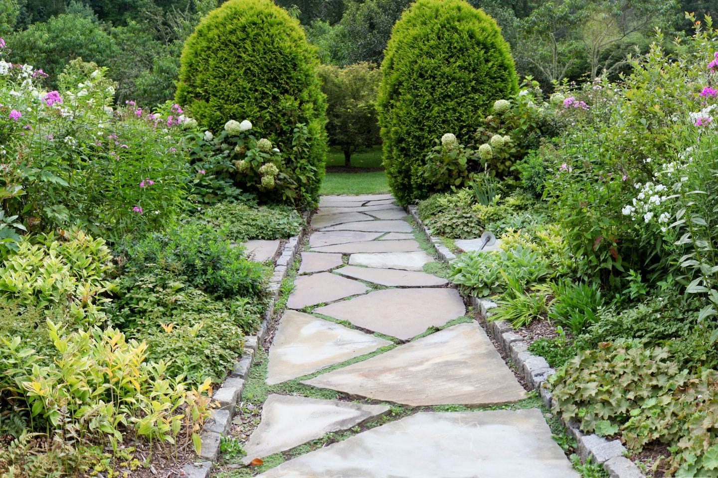 A stone path leads through a lush garden with diverse plants and flowers, flanked by two large, trimmed bushes in the background.