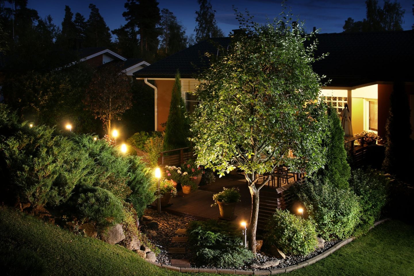 A cozy, well-lit garden at night features lush greenery, a small tree, and low-voltage lights illuminating the pathway leading to a house with large windows.