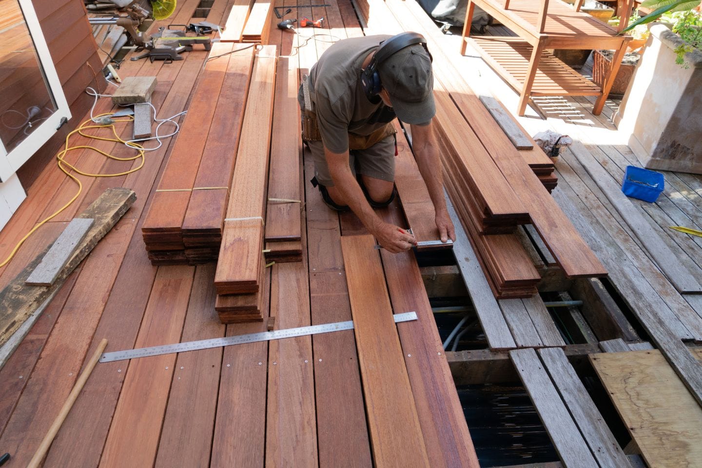 A person kneels, diligently measuring wooden planks for a deck under construction. Tools and cables are scattered around the site, contributing to the organized chaos of building durable decks.