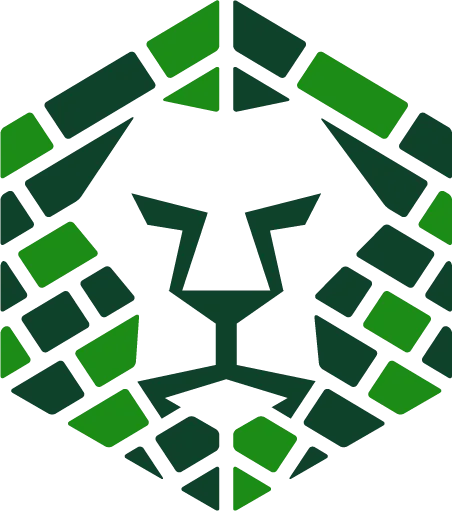 Green geometric lion head emblem with angular shapes, reminiscent of the bold designs favored by Atlanta hardscape contractors, on a transparent background.