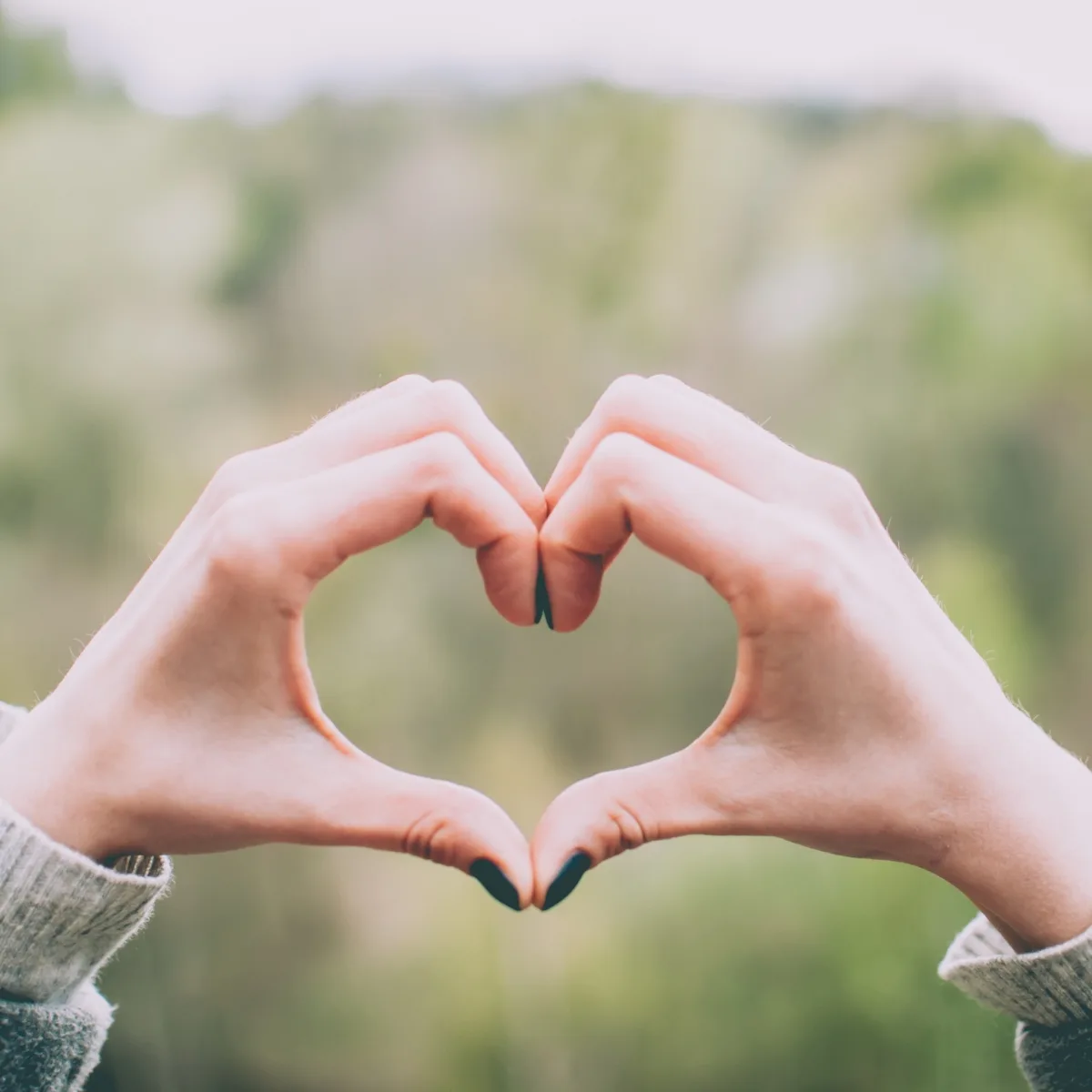 Two hands forming a heart shape against a blurred, green natural background symbolize the first steps towards a global connection.
