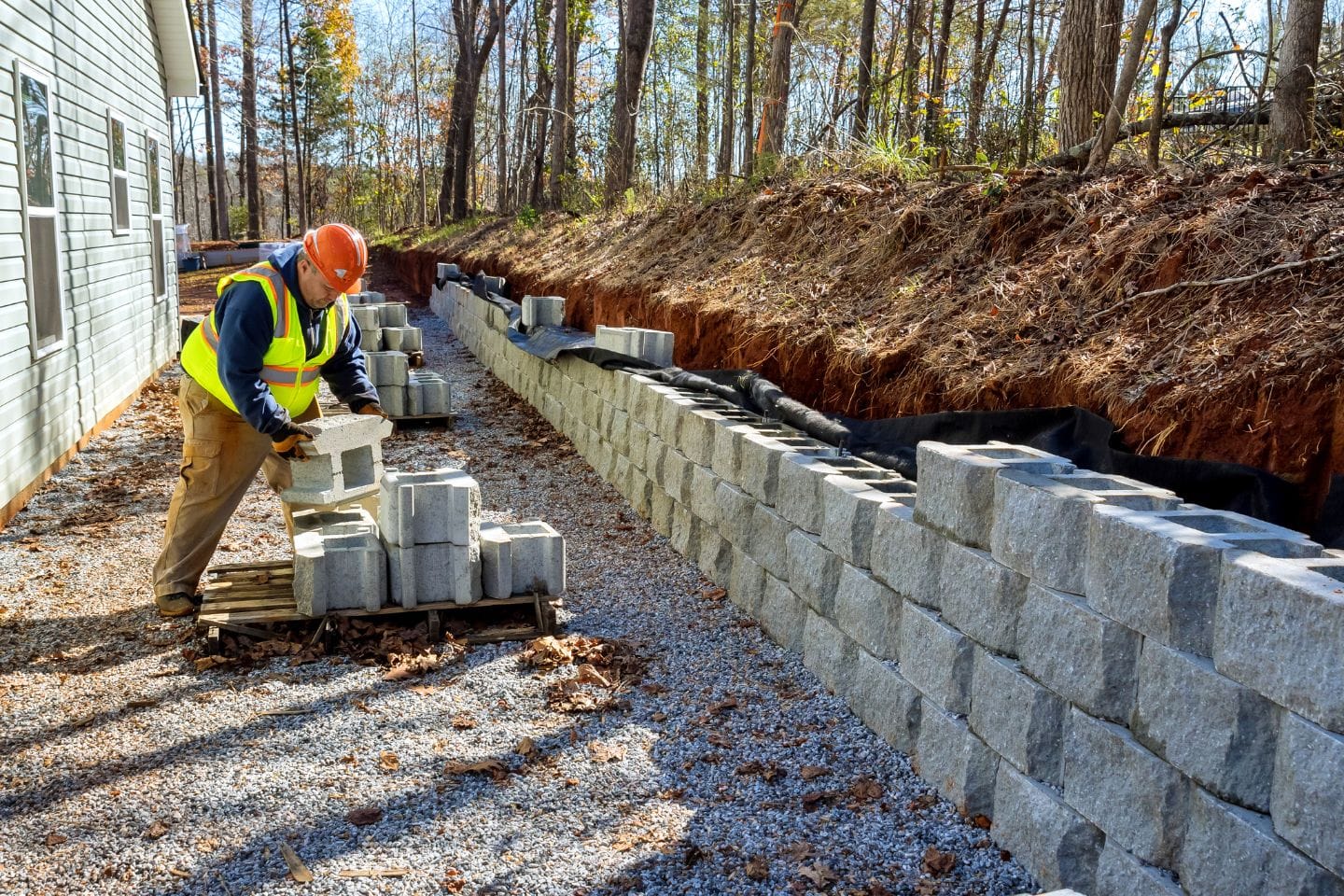 A construction worker in a safety vest and helmet diligently stacks concrete blocks next to a newly built retaining wall, showcasing the craftsmanship of skilled retaining wall contractors in a serene wooded area.