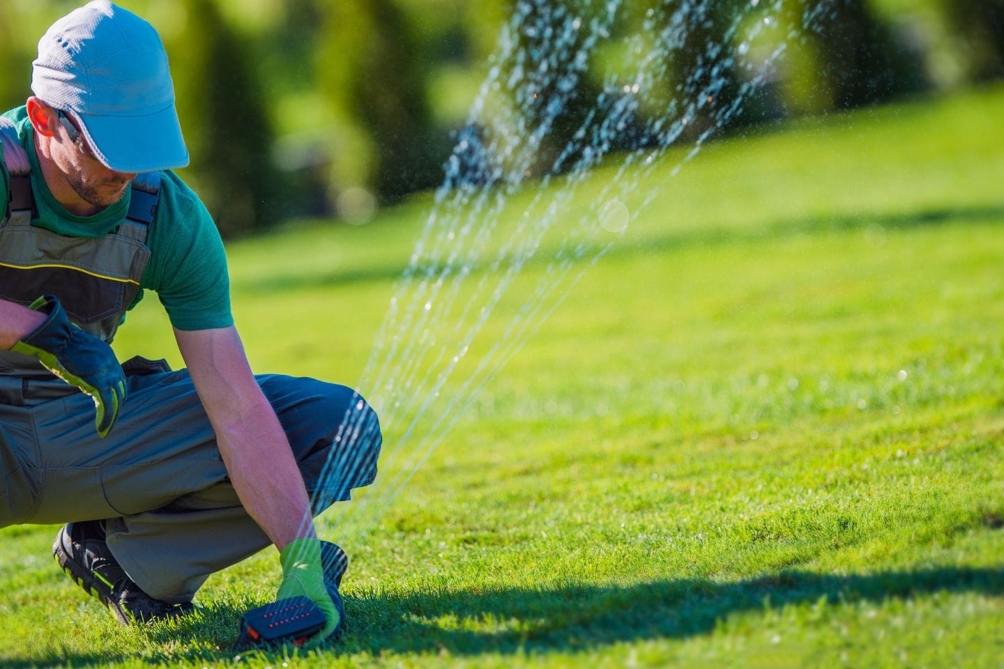 A person wearing a cap and gloves adjusts a sprinkler on a green lawn, where expertly designed hardscaping services blend harmoniously with the surrounding trees.