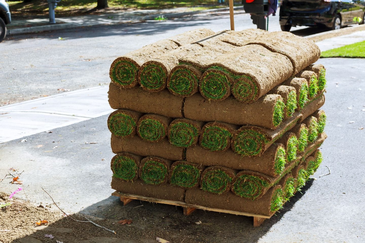 A stack of rolled sod on a wooden pallet sits on a paved area near a curb, ready to transform landscapes with professional hardscaping services.