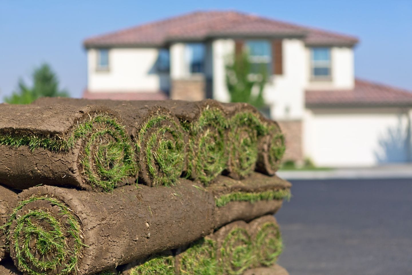 Rolls of turf are stacked in the foreground, hinting at a sprinkler and sod installation. In the background, a blurred house and trees await their rejuvenation, underlining the potential for comprehensive hardscaping services to bring this vision to life.