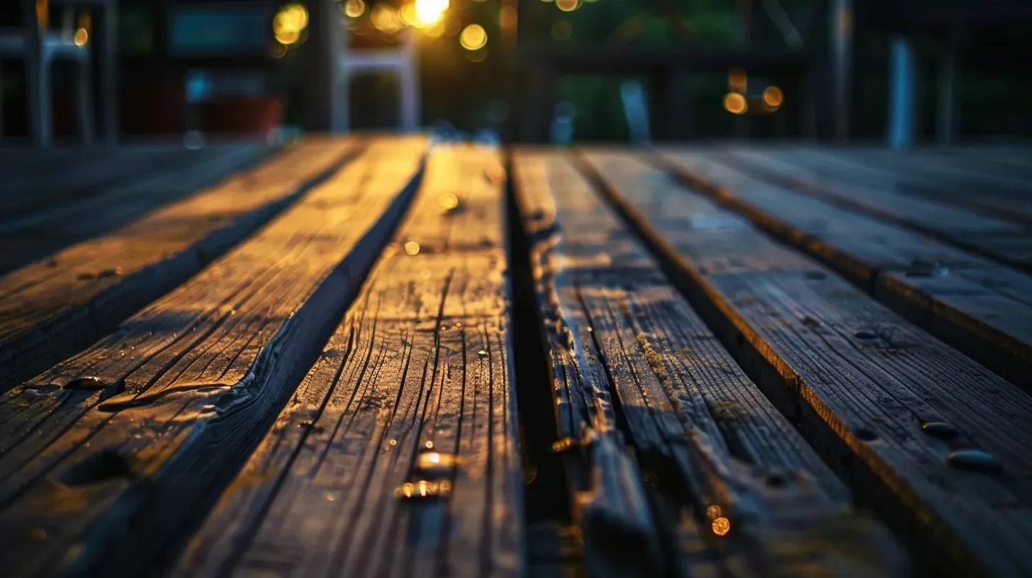 a focused, close-up view of a weathered wooden deck featuring visibly rotten boards and loose fasteners, set against a dimly lit urban patio, emphasizing the urgent need for repair to maintain safety and aesthetic appeal.
