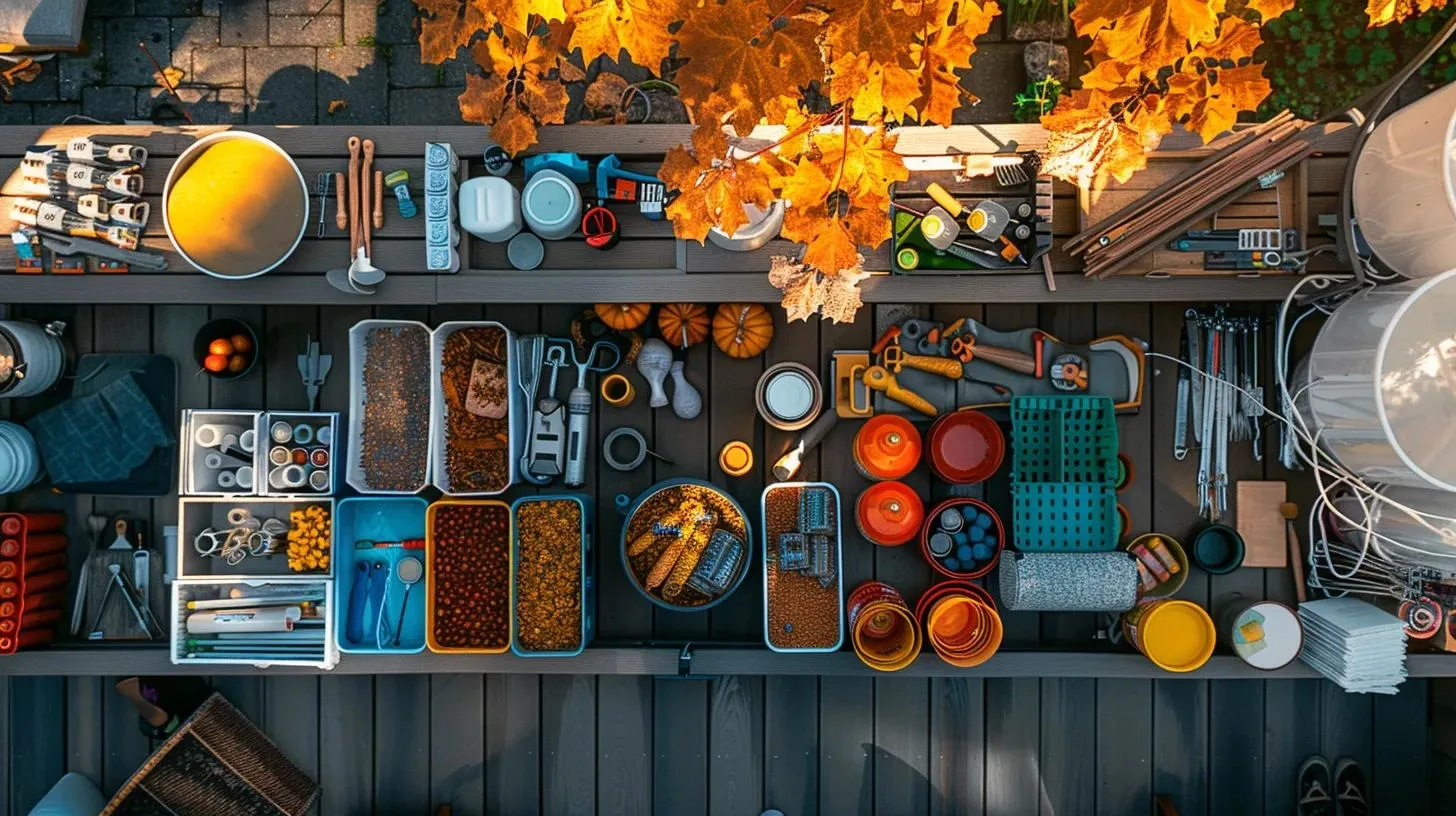 a meticulously organized deck transformation scene in a modern atlanta backyard showcases vibrant autumn decor and tools, highlighting the preparation process for cooler weather with protective covers and cleaning supplies prominently displayed.