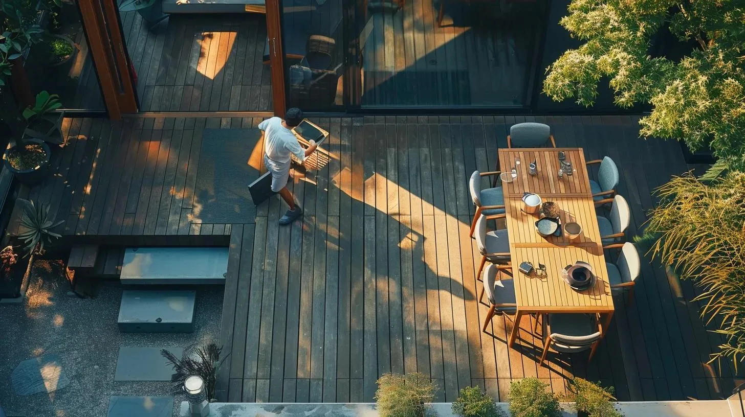 a modern, well-organized outdoor deck setting, showcasing a person actively engaged in routine cleaning with professional-grade tools, emphasizing the importance of maintenance for an inviting and safe outdoor space.