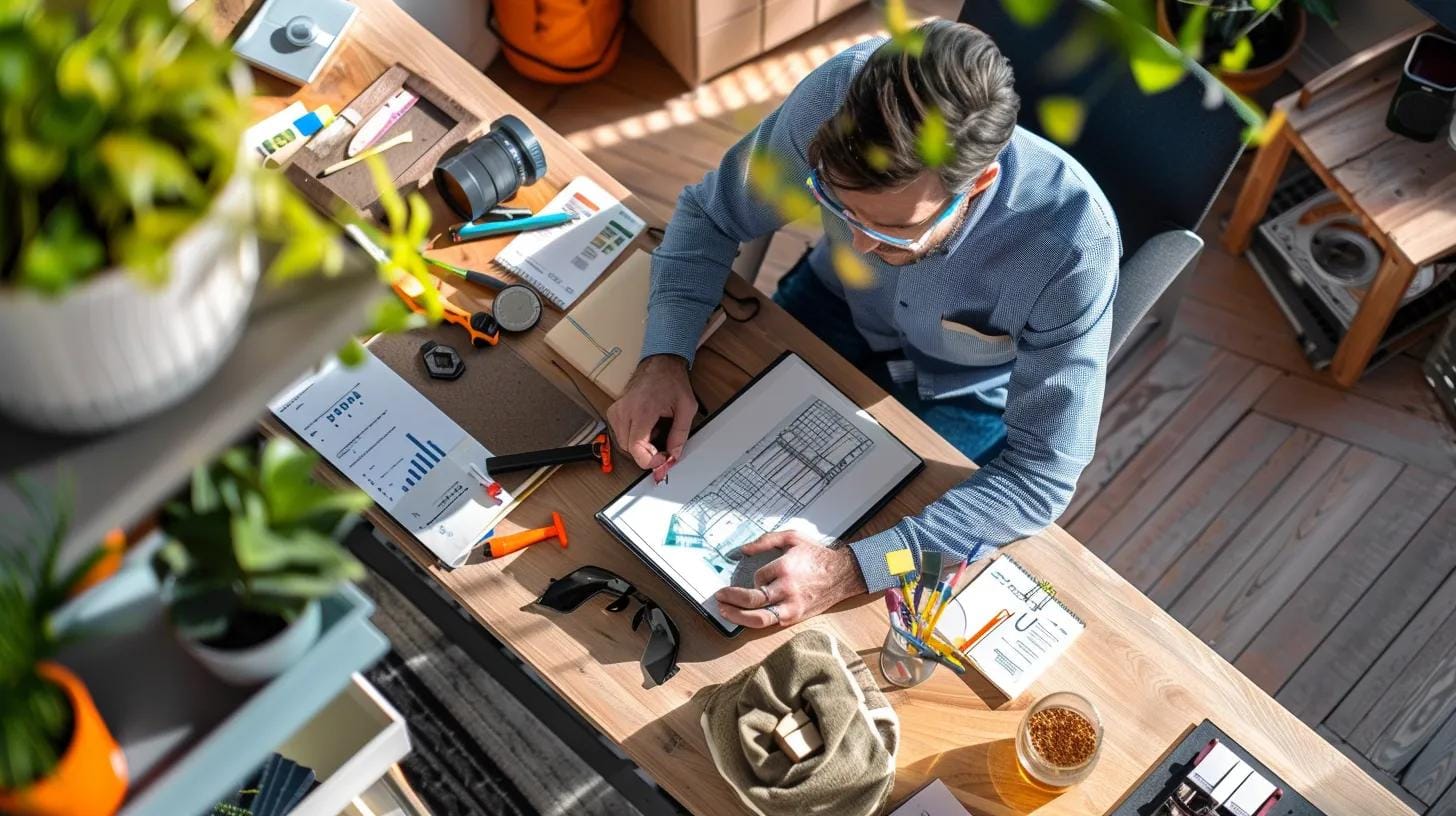 a sharp, well-organized office scene showcases a professional reviewing a detailed spring deck maintenance checklist on a sleek digital tablet, surrounded by tools and cleaning supplies, emphasizing preparation and meticulous care for home outdoor spaces.