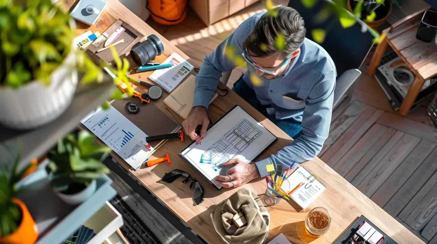 a sharp, well-organized office scene showcases a professional reviewing a detailed spring deck maintenance checklist on a sleek digital tablet, surrounded by tools and cleaning supplies, emphasizing preparation and meticulous care for home outdoor spaces.