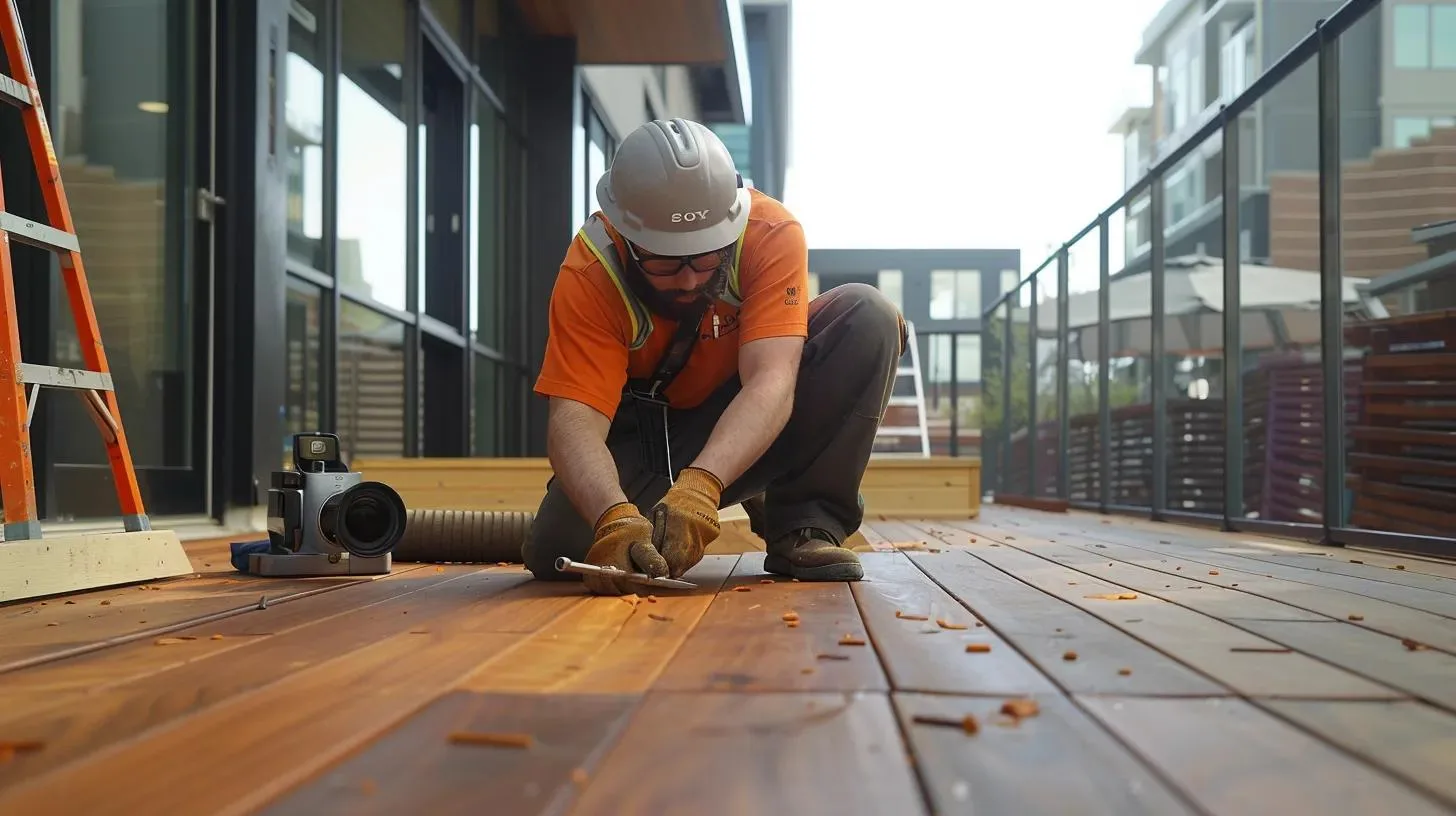 a skilled technician in a modern urban workspace meticulously inspects a beautifully maintained wooden deck, showcasing advanced tools and vibrant materials, emphasizing the professionalism and quality of atlanta hardscape kings’ services.