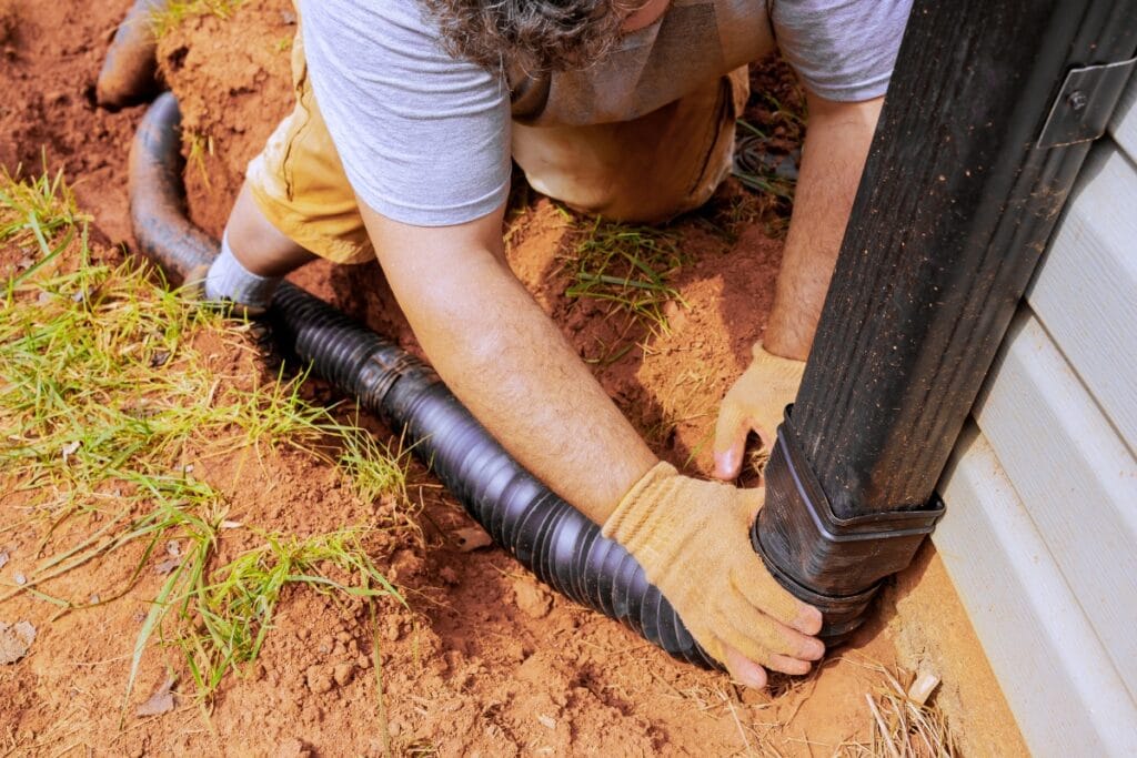 A person ensures proper drainage by connecting a black plastic pipe to a gutter downspout beside a building, kneeling on soil with exposed dirt and grass.