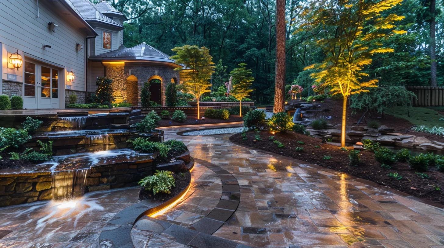 a beautifully illuminated outdoor hardscape in an atlanta backyard, featuring striking pathways and elegant water features, meticulously lit to enhance architectural textures and create a sophisticated evening ambiance.