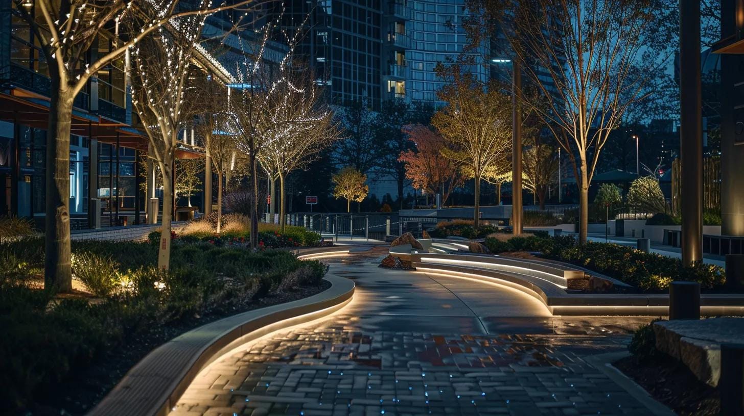 a captivating urban night scene showcases a modern hardscape project in atlanta, where strategically placed, vibrant led lights accentuate intricate architectural details and pathways, creating an inviting atmosphere that blends safety with aesthetic elegance.