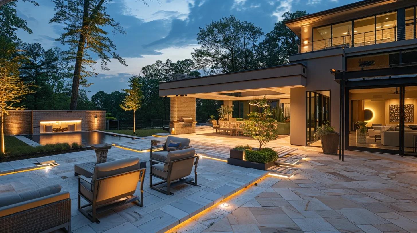 a contemporary outdoor living space in atlanta, elegantly illuminated by sleek, smart lighting fixtures that cast a warm glow on stylish hardscapes, showcasing the seamless blend of innovative design and functionality.