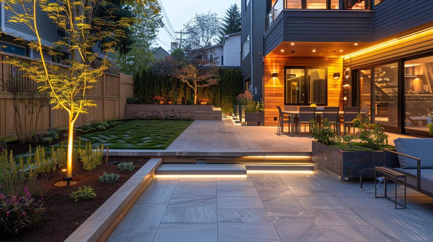 a modern backyard hardscape illuminated by stylish outdoor lighting fixtures, showcasing a vibrant ambiance in a sleek urban setting during twilight, with a focus on eye-catching design elements and an inviting atmosphere.