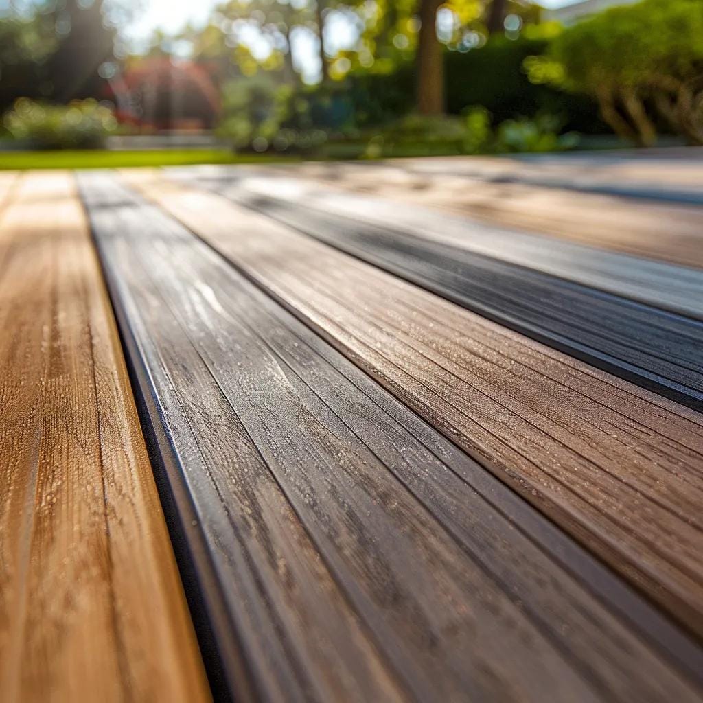 Close-up of composite decking boards showcasing texture and color variations in a garden setting