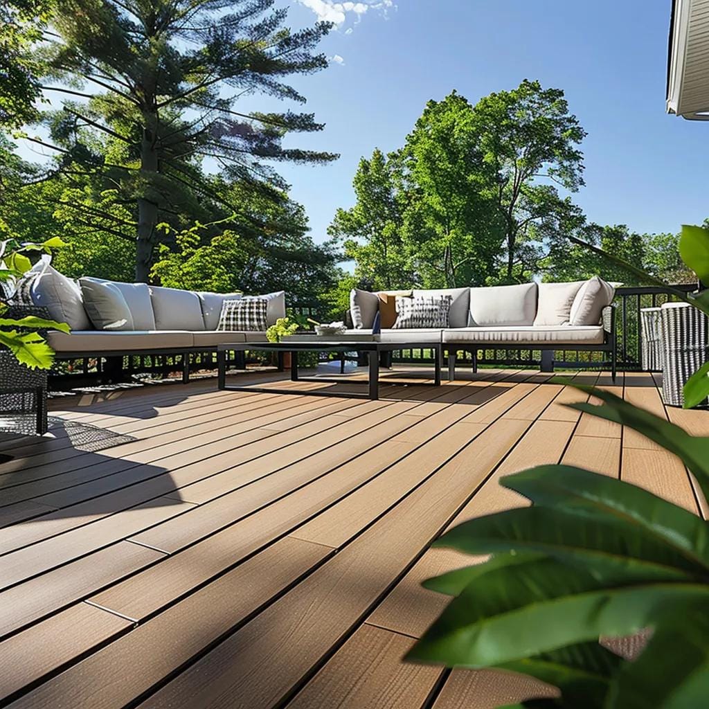 Modern PVC decking in an outdoor setting, highlighting its smooth surface and resistance to moisture