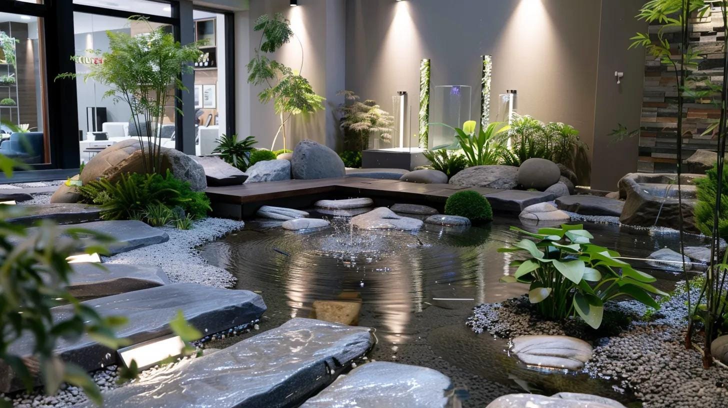 a modern landscape design office filled with detailed blueprints and 3d models showcasing elegant custom hardscape water features like fountains and ponds, illuminated by bright overhead lights.