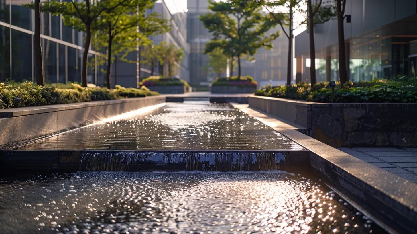 a sleek, modern urban setting showcases a pristine hardscape water feature with shimmering water, surrounded by well-maintained stonework and reflective surfaces, emphasizing the importance of regular maintenance for both functionality and aesthetic appeal.