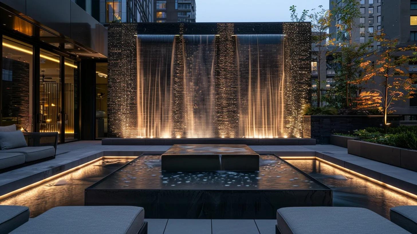 a sleek, modern urban terrace showcases an innovative hardscape water feature with integrated smart technology, illuminated by dynamic led lights, creating a captivating visual display against a backdrop of contemporary architecture.