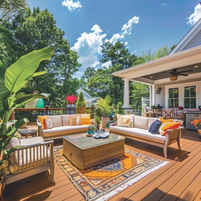 Beautifully designed deck in an Atlanta backyard featuring composite, PVC, and wood materials
