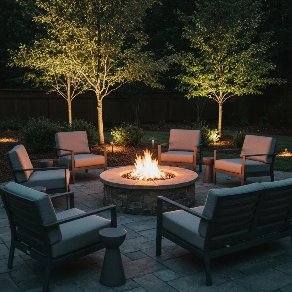 Inviting fire pit area in an Atlanta backyard, complete with comfortable seating and ambient lighting