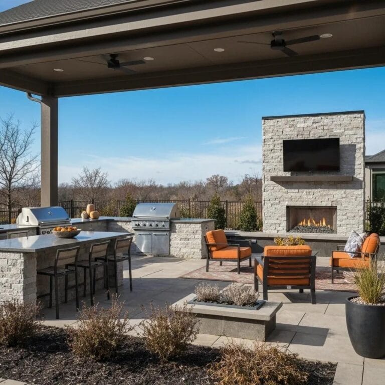 Outdoor entertainment space in Atlanta with patio, kitchen, and fire pit