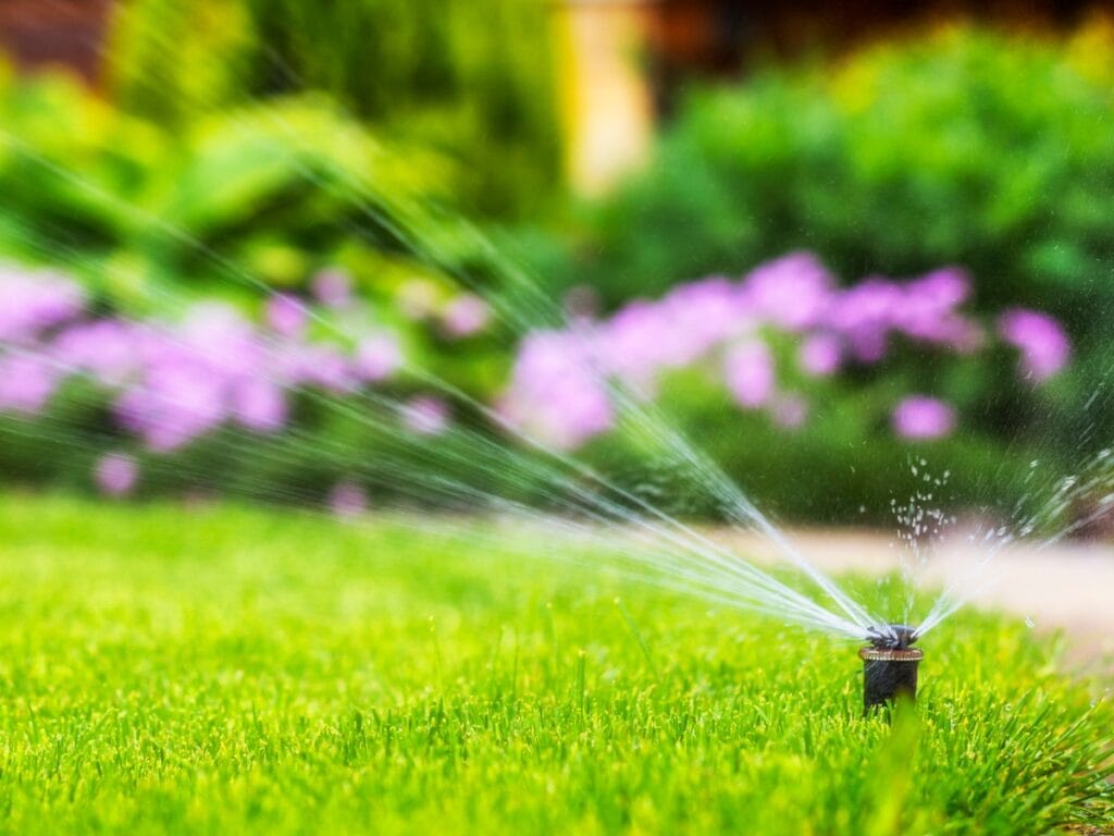 A garden sprinkler sprays water over green grass, fresh from recent sod installation, with blurred pink flowers and greenery in the background.