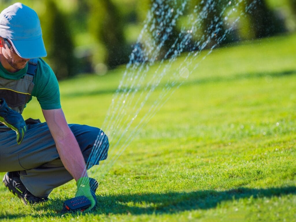 Person kneeling on grass adjusts a lawn sprinkler, with water spraying across the newly completed sod installation on a sunny day.