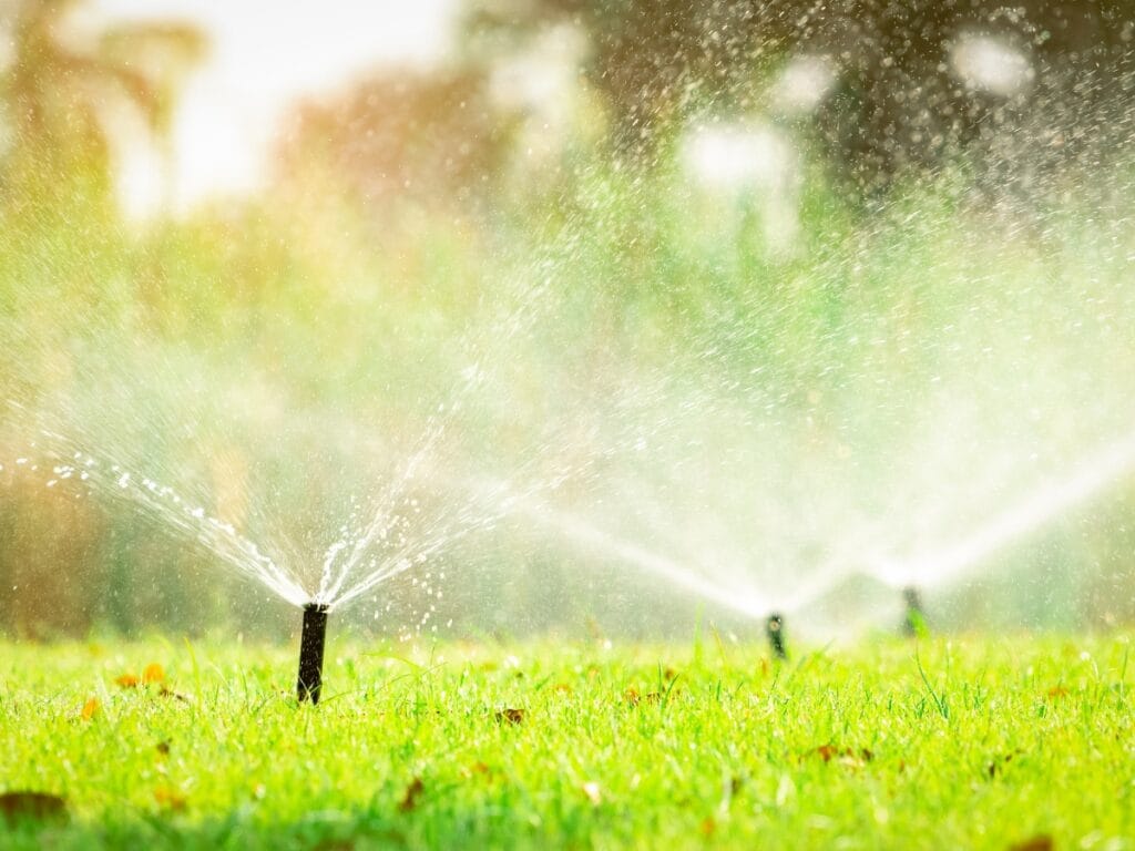 Automatic lawn sprinklers spraying water on green grass in a garden, with sunlight in the background—perfect for maintaining your yard after sprinkler and sod installation.