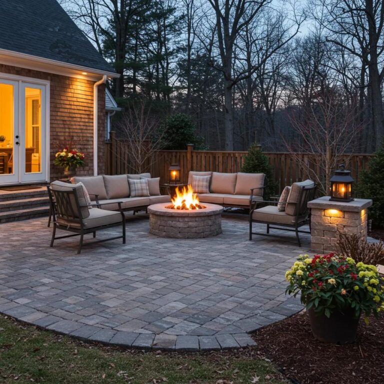 Cozy winter backyard with a fire pit and frost-resistant pavers in Atlanta
