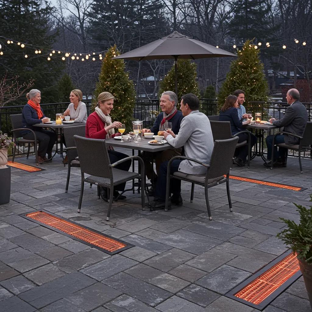 Heated patio with radiant heating and people enjoying brunch in winter