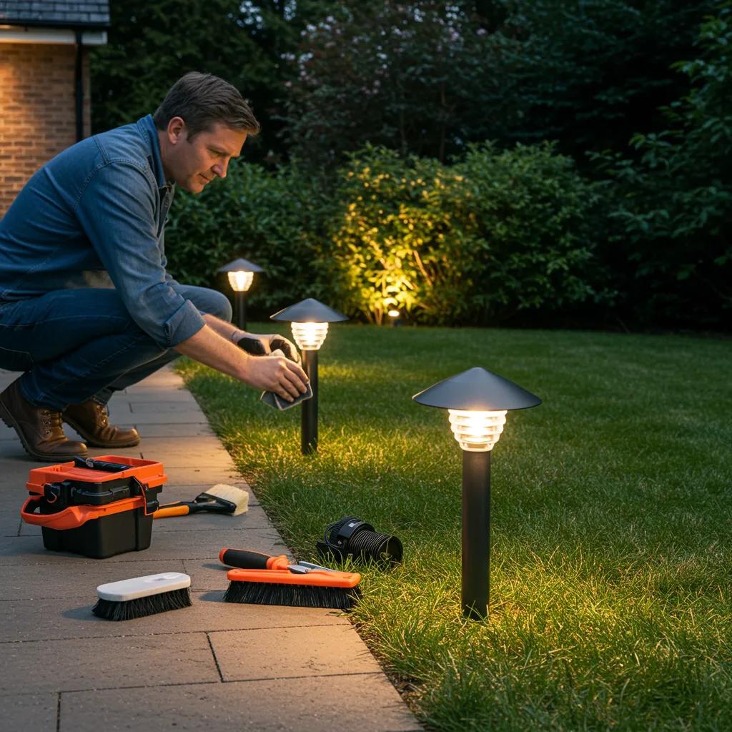 A homeowner carefully cleaning and inspecting pathway lighting fixtures in their garden