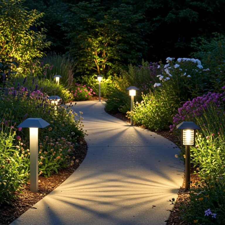 Illuminated outdoor pathway with modern and traditional lighting fixtures in a garden setting