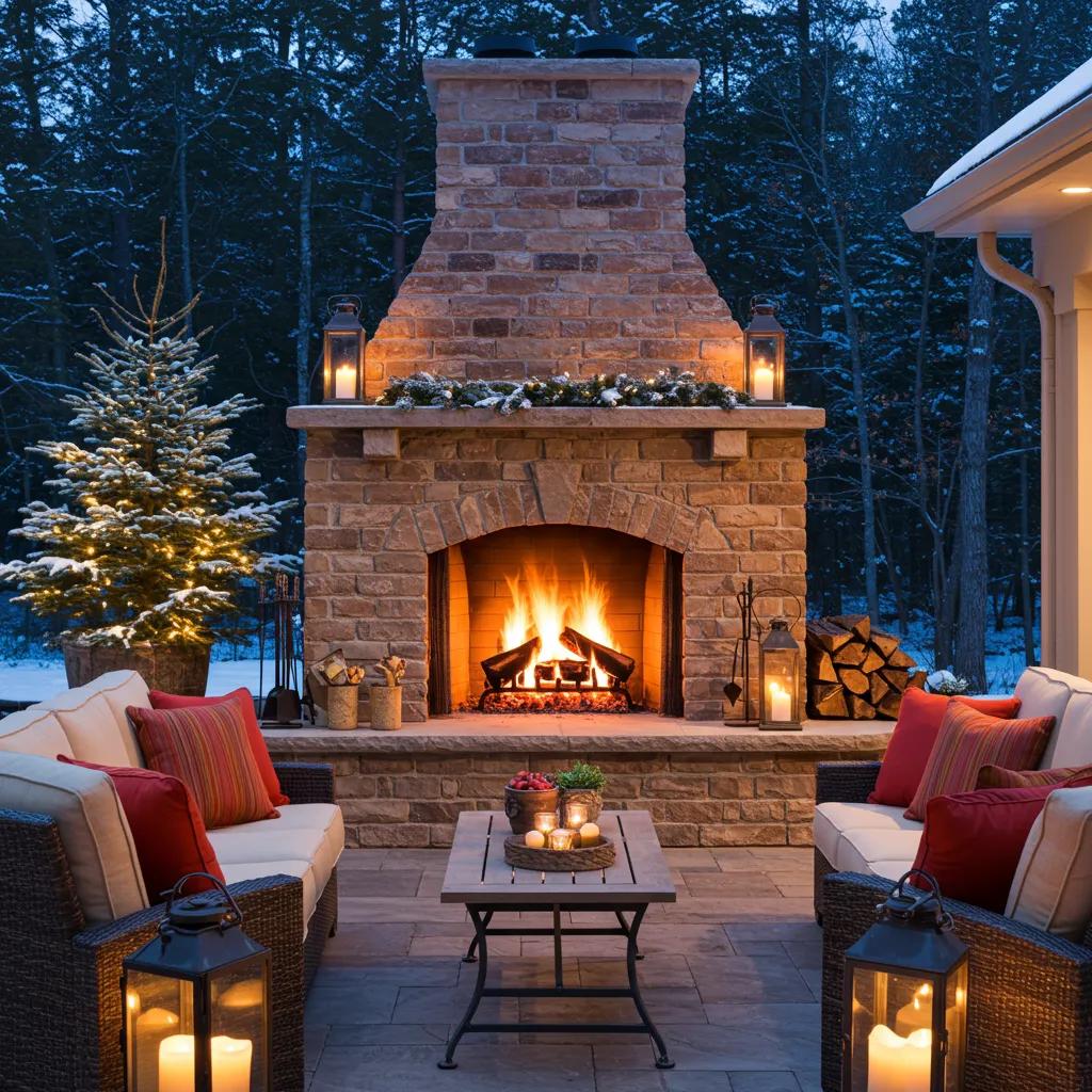 Outdoor fireplace in winter with warm fire and cozy seating
