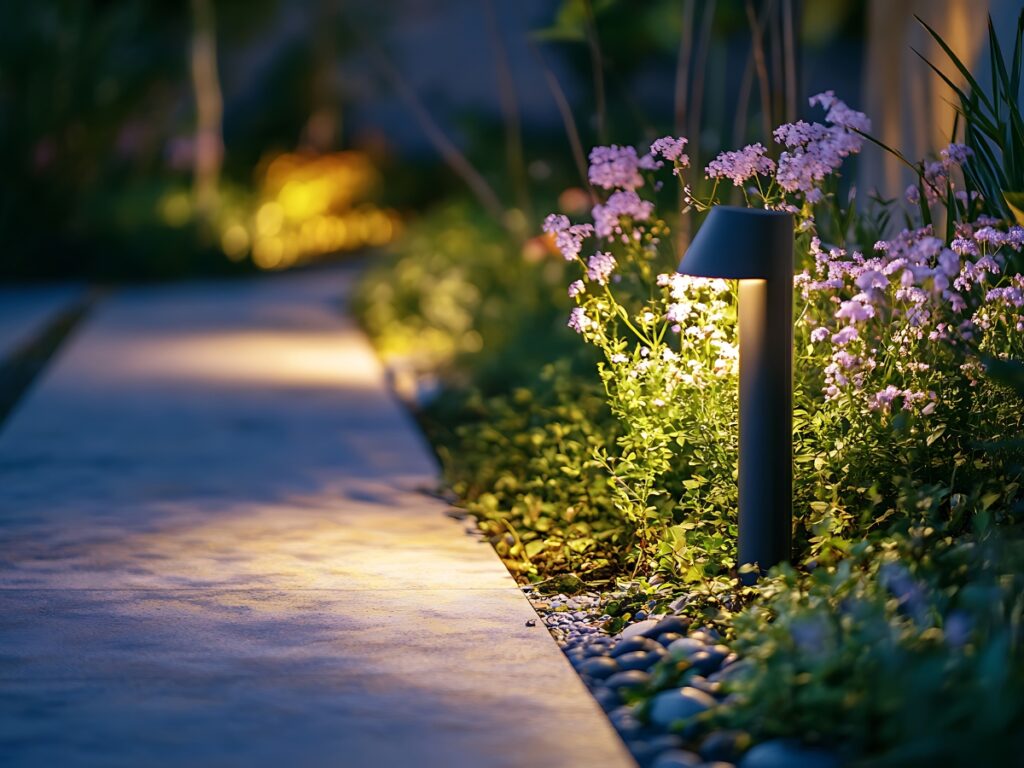 A garden pathway at night is illuminated by a modern outdoor lamp, with blooming pink flowers and green plants lining the edge, offering inspiring pathway lighting ideas for a beautiful and inviting outdoor space.
