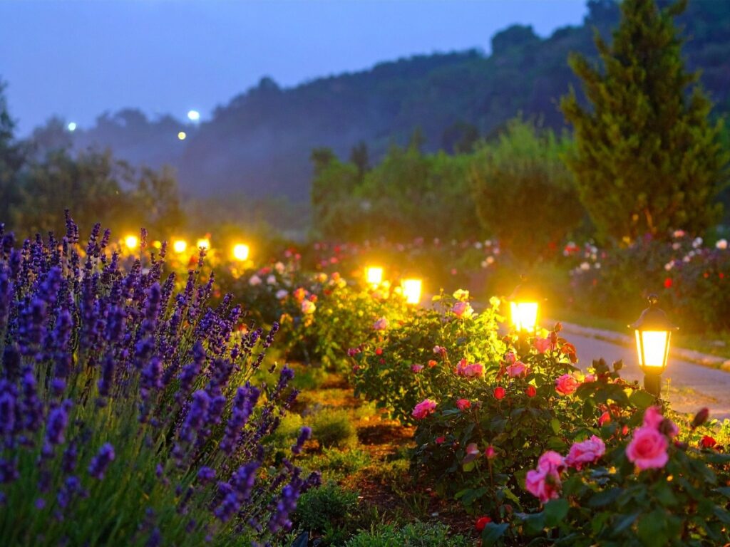 Flower garden at dusk with blooming lavender and roses illuminated by a row of glowing pathway lights—perfect inspiration for those seeking elegant pathway lighting ideas, with trees and hills forming a serene backdrop.