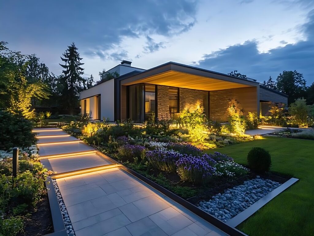 Modern single-story house at dusk with illuminated pathway showcasing creative pathway lighting ideas, landscaped garden, stone and wood exterior, and a neatly trimmed lawn.