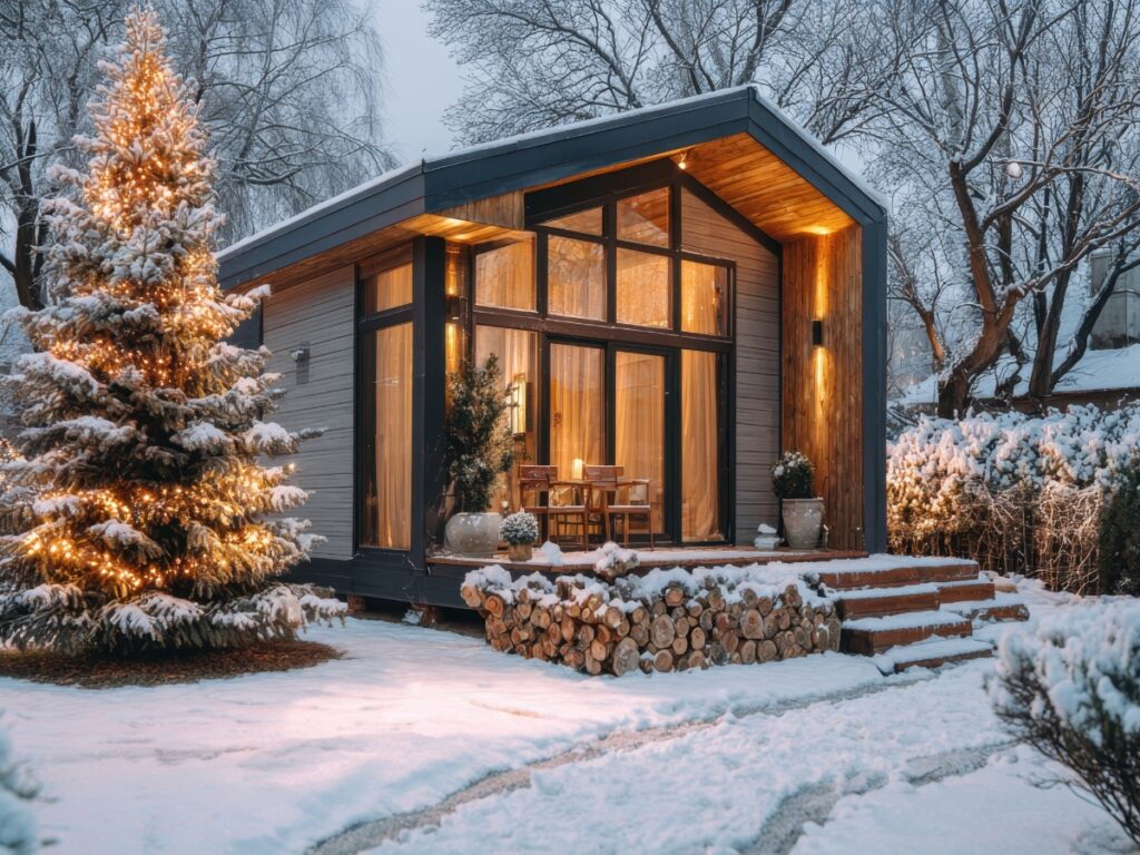 A house surrounded by snow and trees, showcasing stunning winter hardscape ideas.