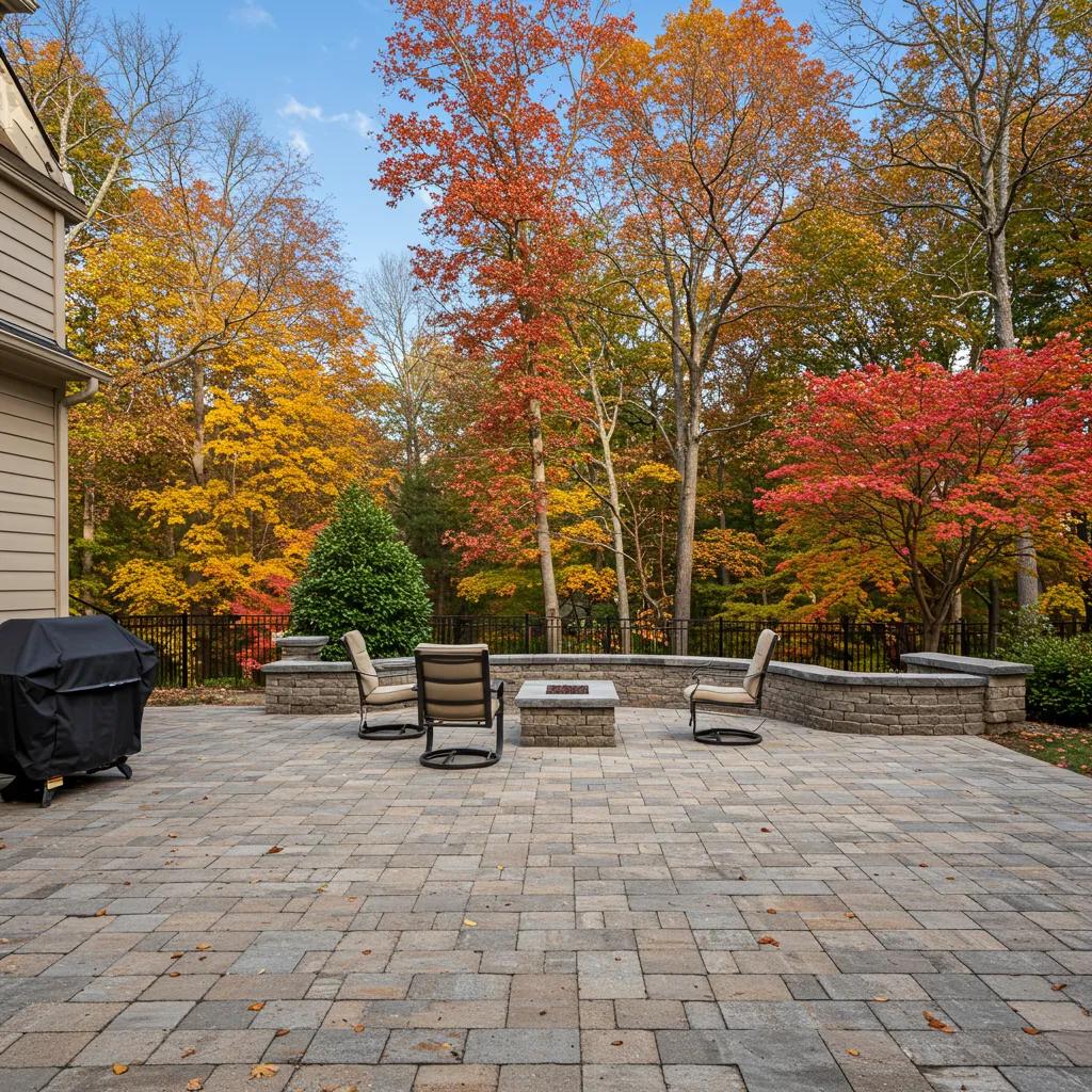 Beautifully maintained hardscape in Atlanta with autumn colors, showcasing pavers and outdoor living features