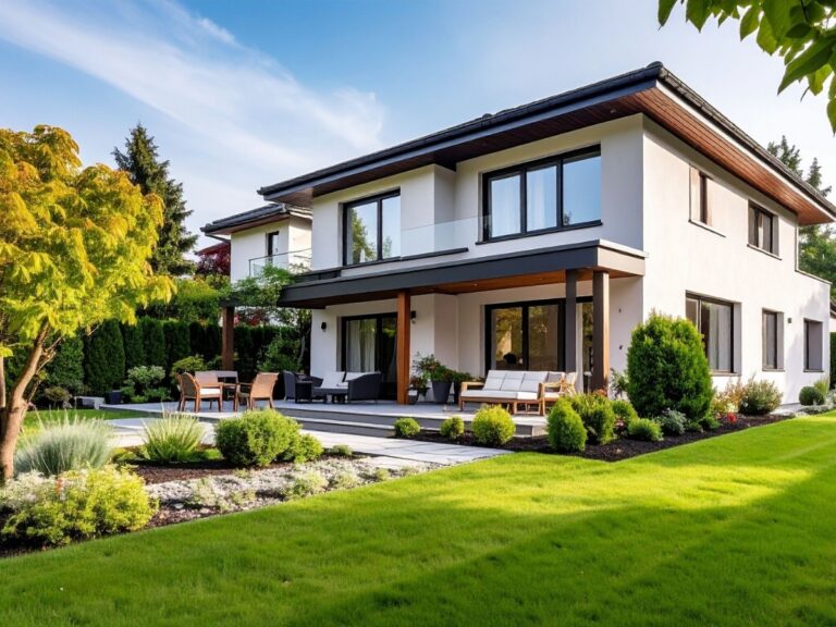 Modern two-story house with large windows, a covered patio, outdoor seating, and a well-maintained lawn enhanced by low maintenance landscaping and lush greenery on a sunny day.