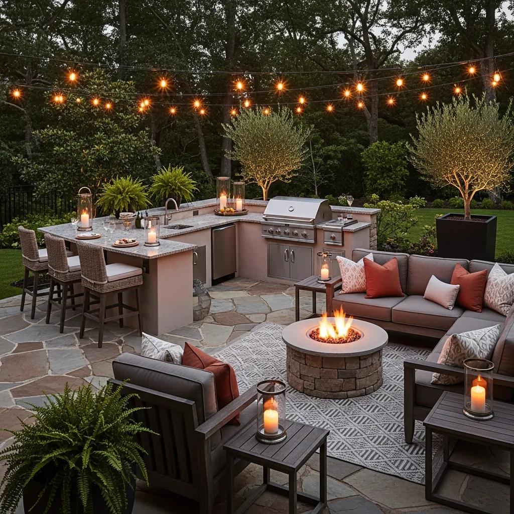 Cozy outdoor living area with patio, fire pit, and kitchen for entertaining