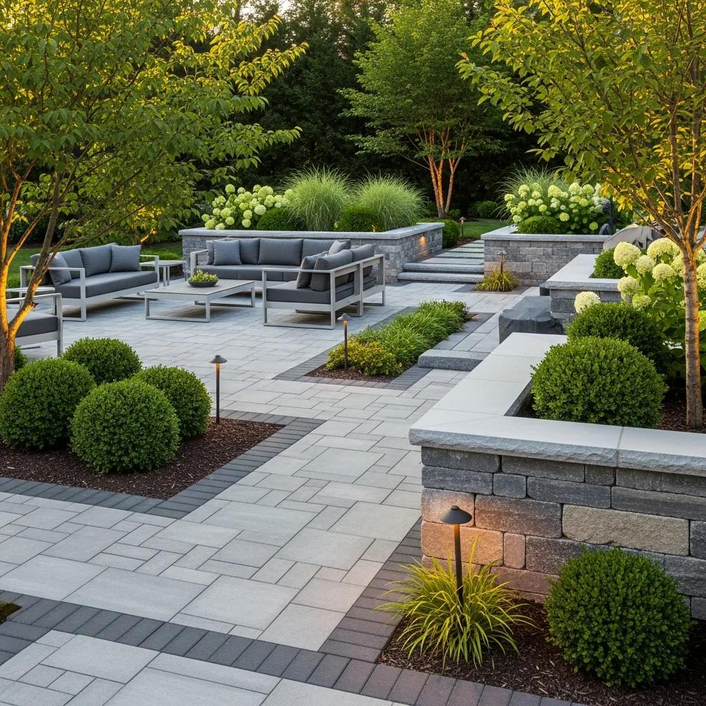 Stunning hardscaped outdoor area with patio, walkways, and retaining wall enhancing home value