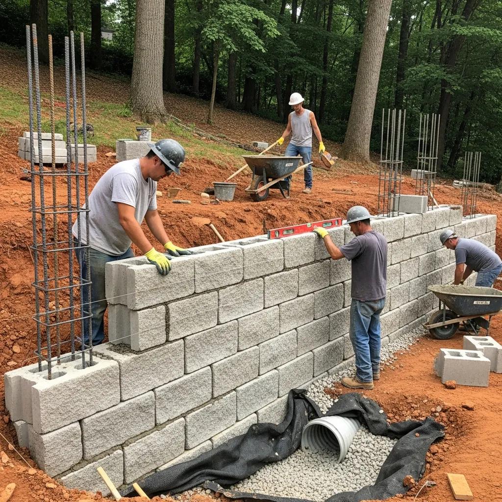 Construction of a durable retaining wall with workers and a sloped landscape in the background