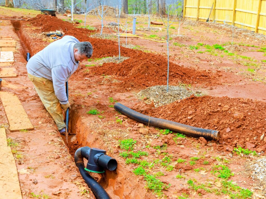 A person installs black corrugated drainage pipes in a trench in a yard with newly planted trees and red soil, showcasing effective Drainage Solutions.