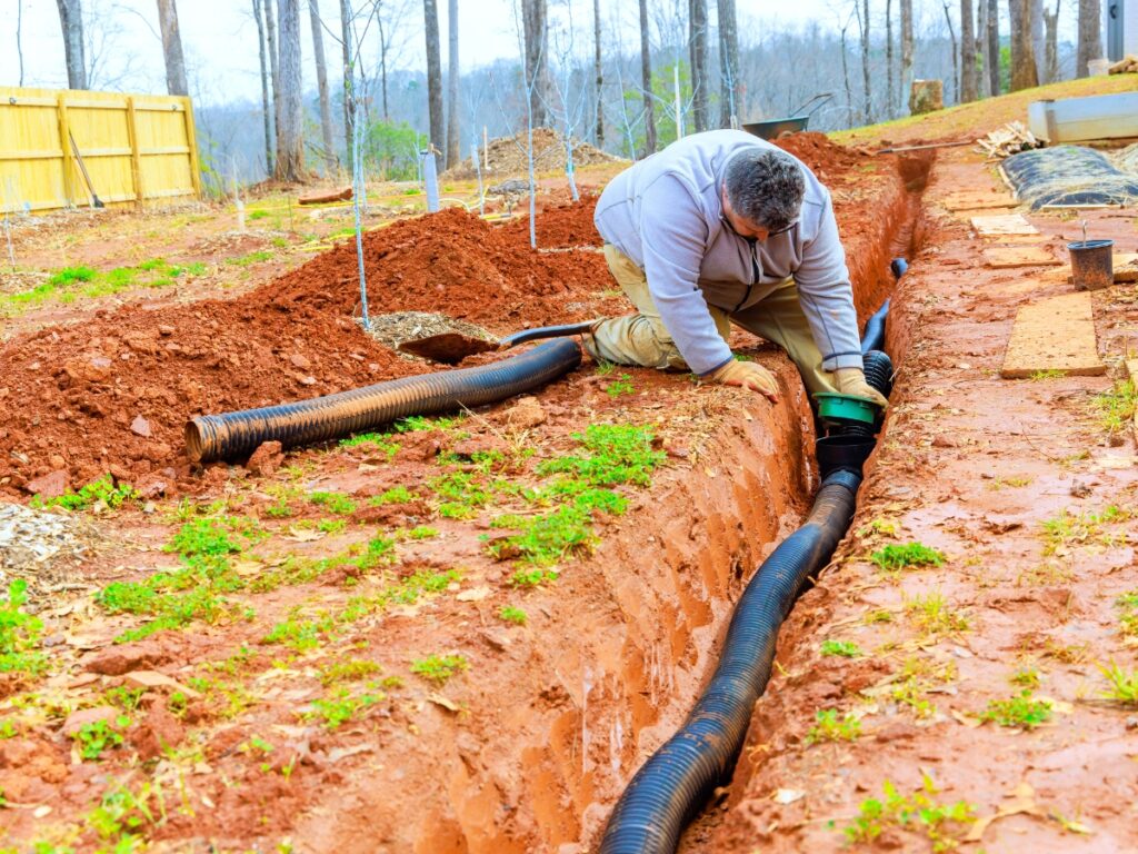 A person installs black drainage pipes in a trench dug through red soil in a yard, surrounded by trees and construction materials—implementing smart drainage solutions for effective water management.