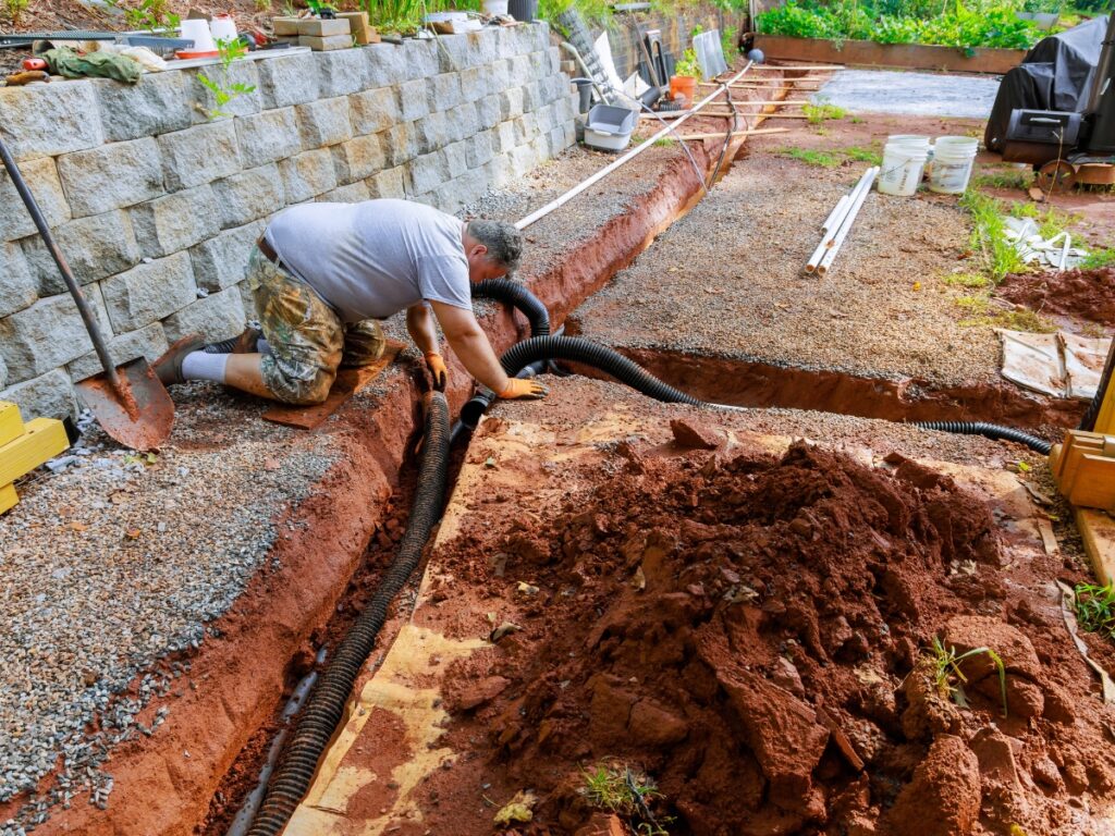 A man installs drainage pipes in a dug trench next to a stone retaining wall, showcasing effective Drainage Solutions at a backyard construction site.