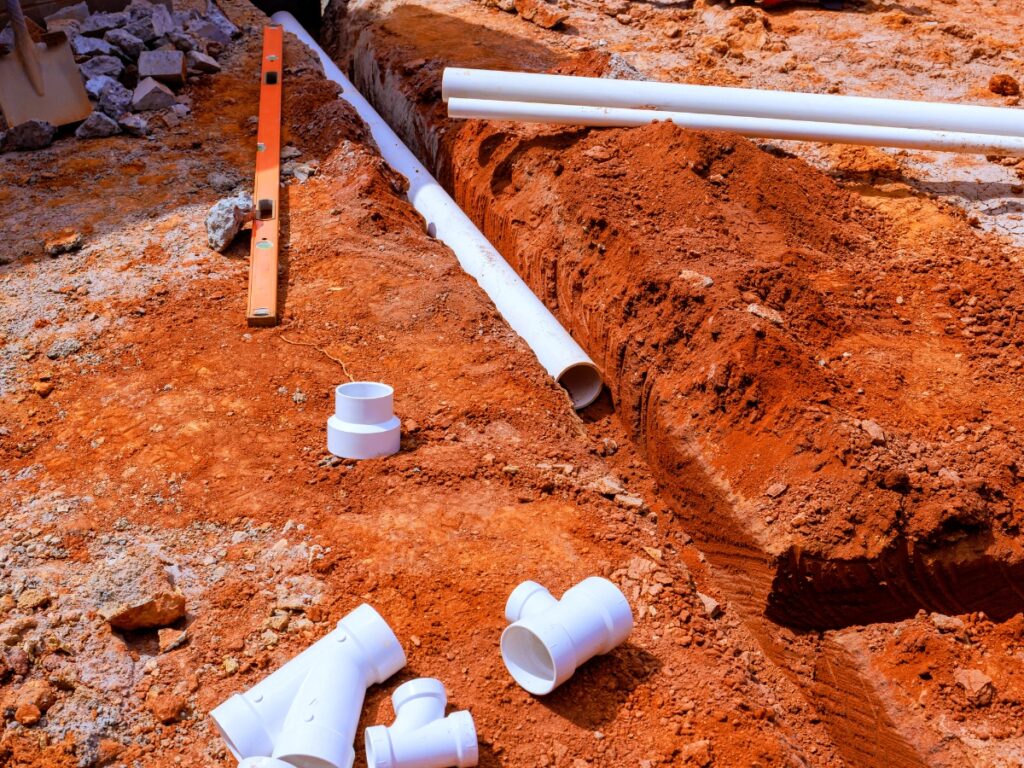 White PVC pipes and connectors are laid out beside a trench dug into reddish soil, with a level tool placed on the ground nearby, ready for efficient drainage solutions.